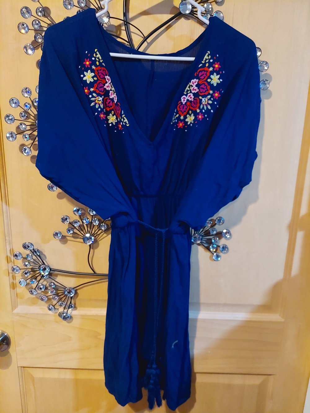 Embroidered V-Neck Blue Women's Dress
